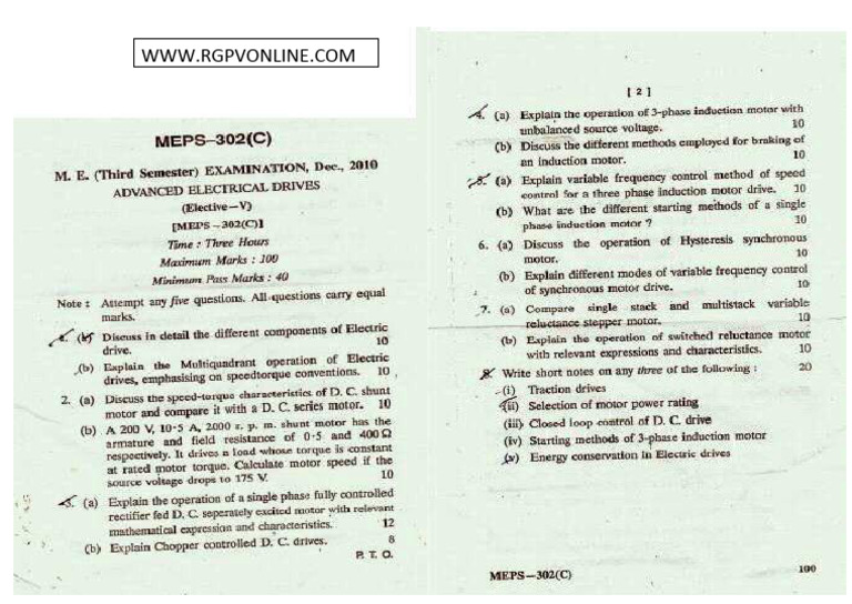 Mtech 3 Sem Advanced Electrical Drives Meps 302 c Dec 2010 | PDF