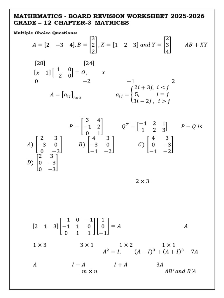 Grade 12 Matrices Revision Worksheet | PDF | Matrix (Mathematics ...