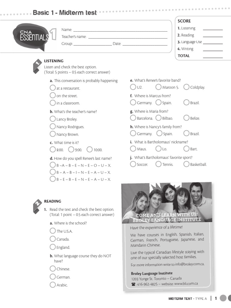 Basic 1 Midterm Test - Listening & Reading | PDF | Linguistics