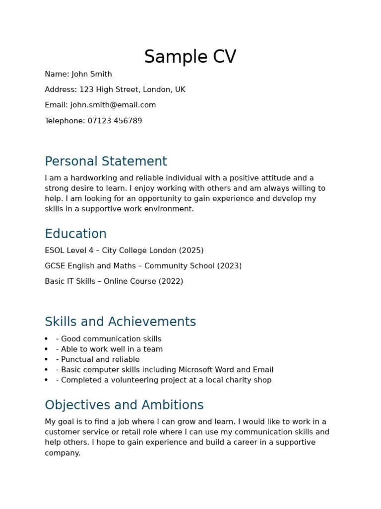 John Smith's Sample CV for Employment | PDF