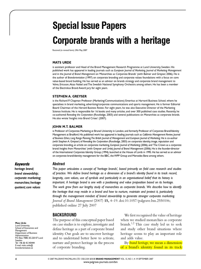 2007 Corporate Brands With a Heritage URDE GREYSER BALMER | PDF | Brand ...