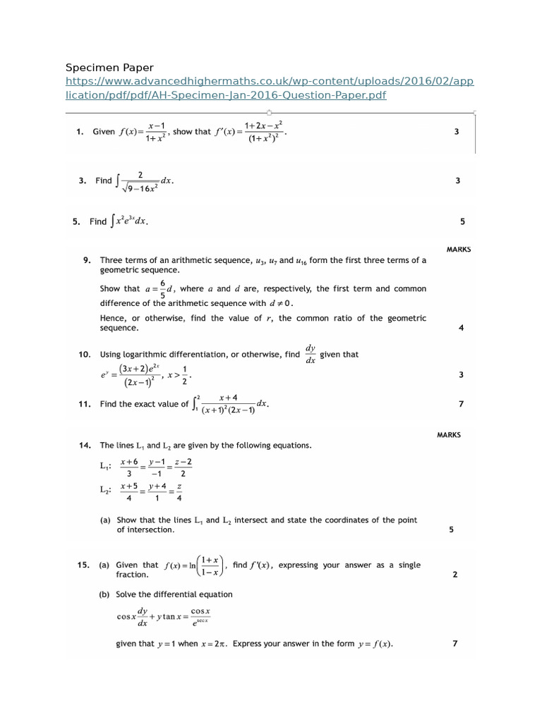 Advanced Higher Maths Exam Papers | PDF