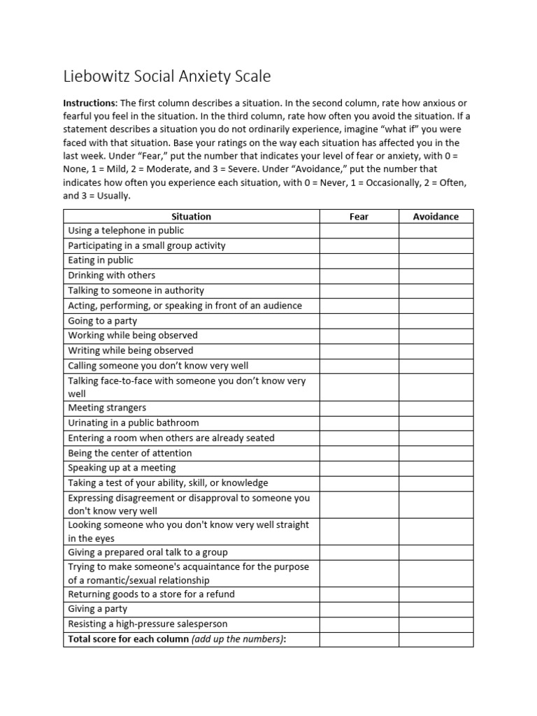 Liebowitz Social Anxiety Scale Guide | PDF | Social Anxiety Disorder ...