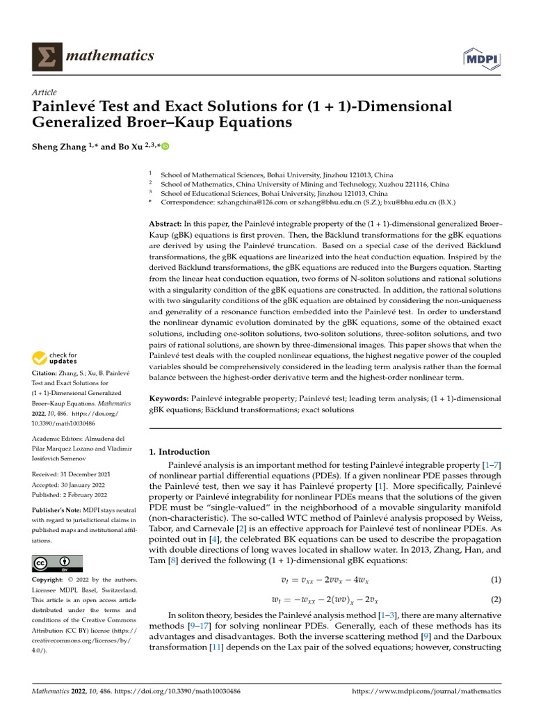 Painlevé Test for Generalized Broer-Kaup Equations | PDF | Partial ...