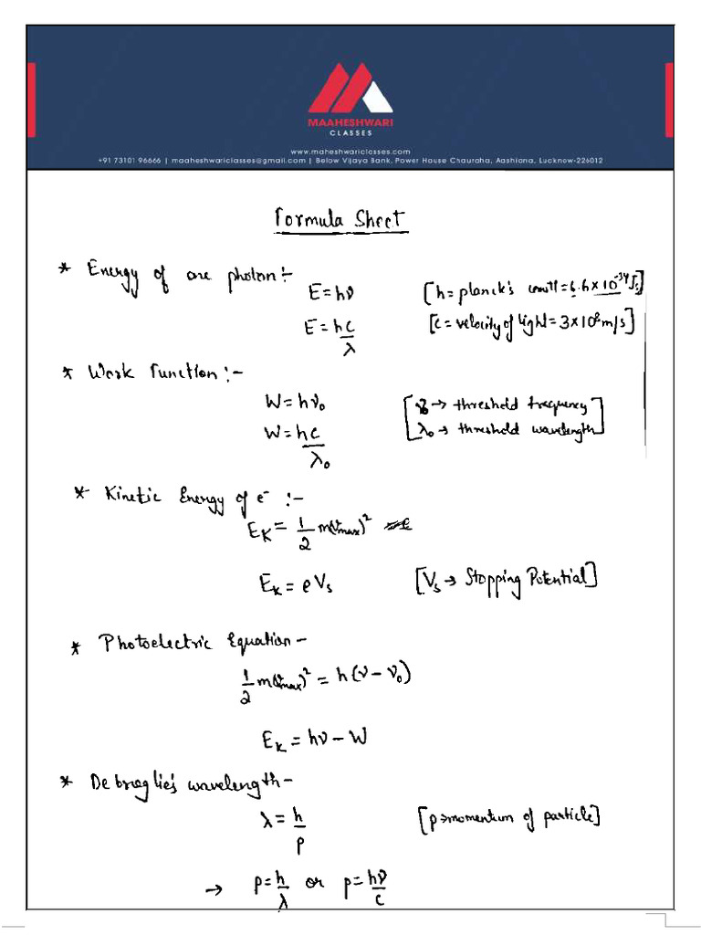 Dual Nature of Radiation and Matter - Formula Sheet | PDF