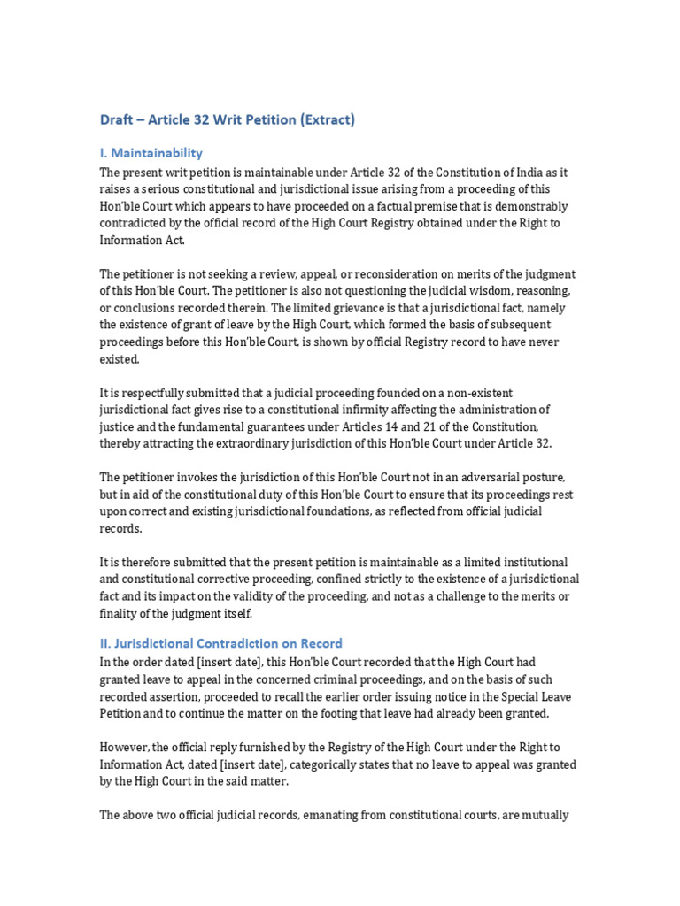 Article 32 Writ Petition on Jurisdictional Issues | PDF | Judgment (Law ...