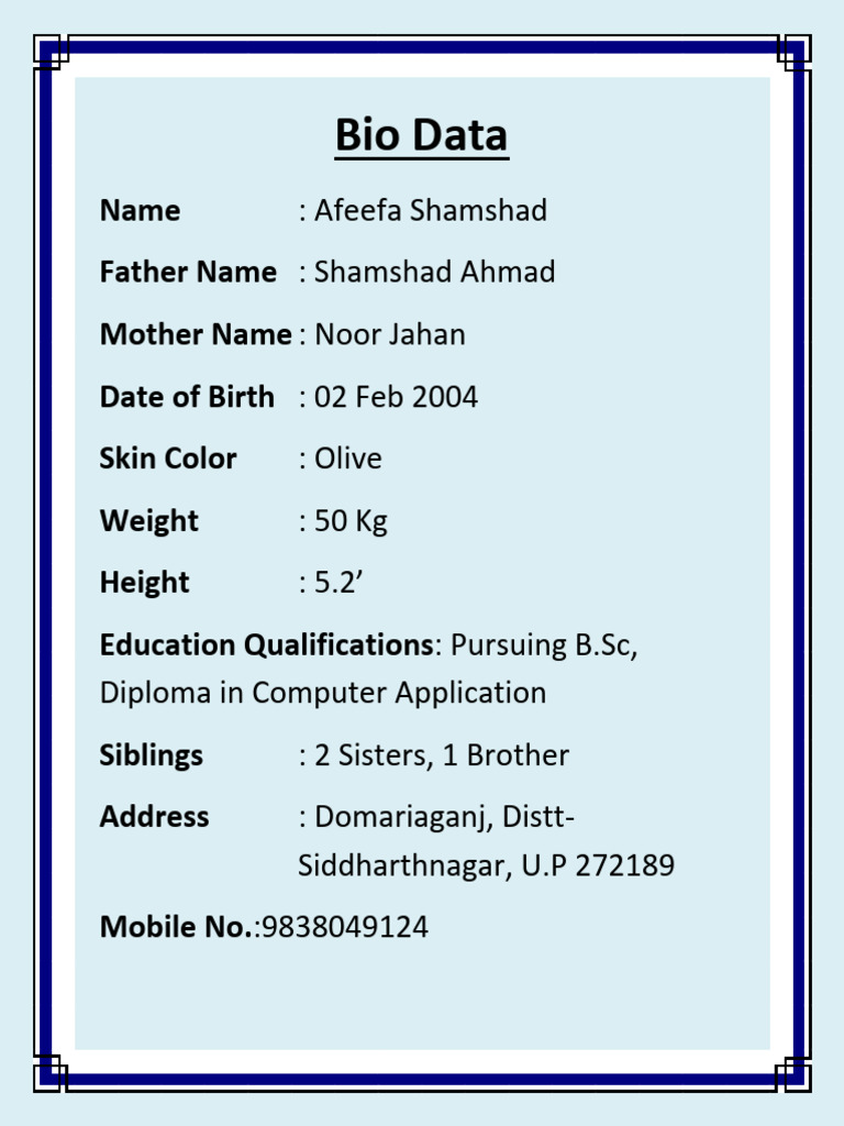 Afeefa Shamshad Bio Data Summary | PDF