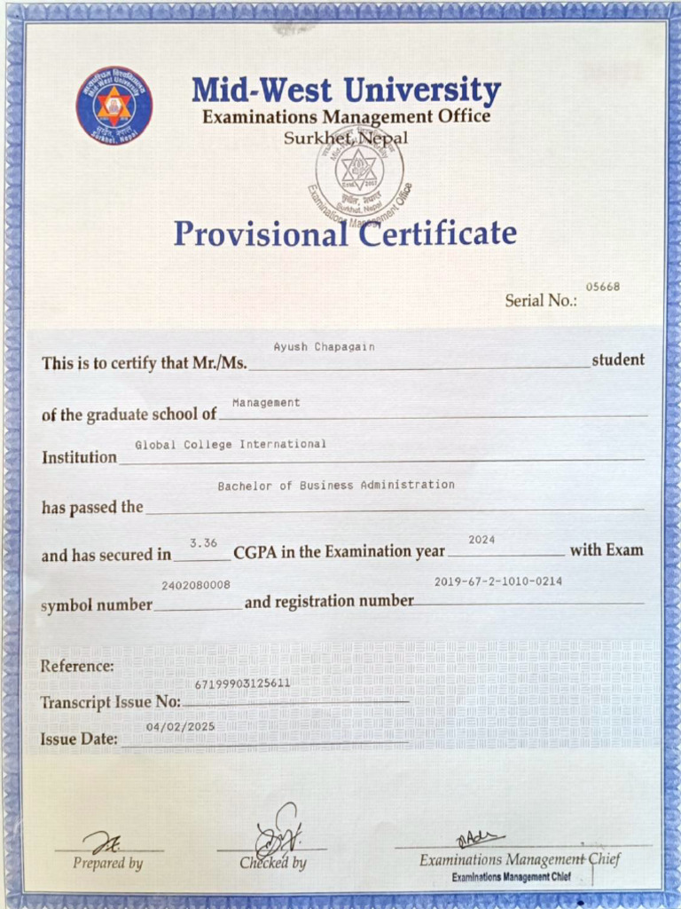 BBA Provisional Certificate | PDF