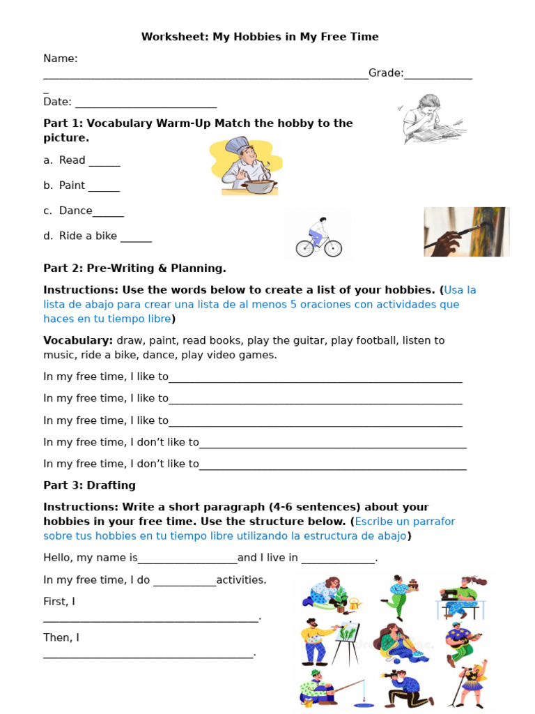 Hobbies Worksheet for Free Time Activities | PDF
