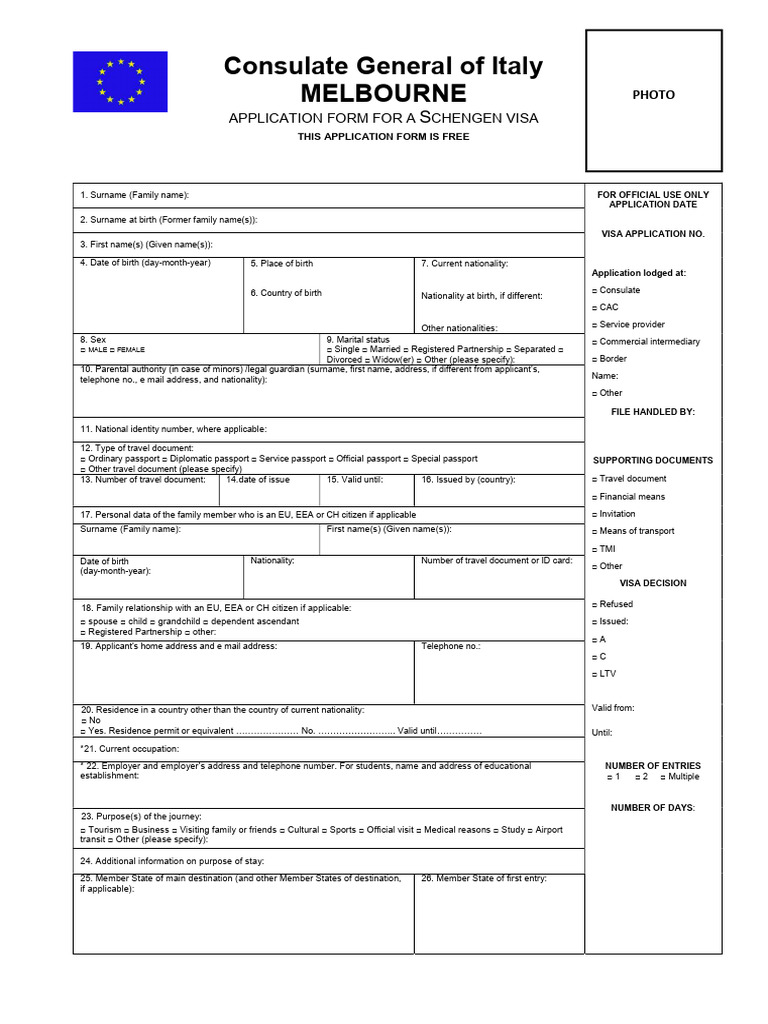 Italy Schengen Visa Application Form | PDF | Travel Visa | Government ...