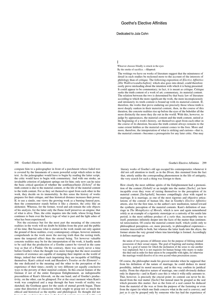 Walter Benjamin Goethes Elective Affinities | PDF | Immanuel Kant