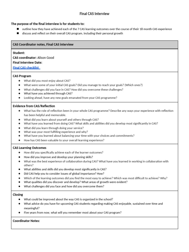 Final CAS Interview Reflection Guide | PDF | Learning | Behavior ...