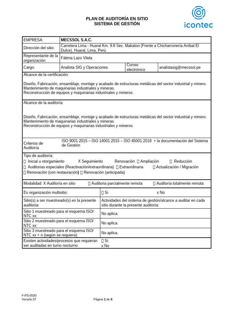 Plan de Auditoría ISO para MECSSOL S.A.C. | PDF | Auditoría | Contralor