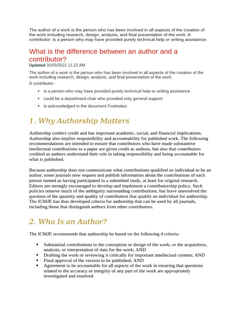 Understanding Authorship vs. Contribution | PDF | Artificial ...