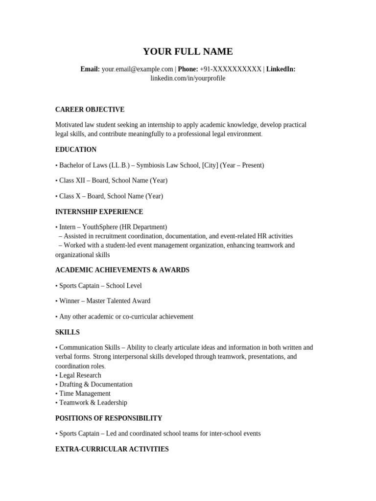 Law Student Internship Resume Template | PDF