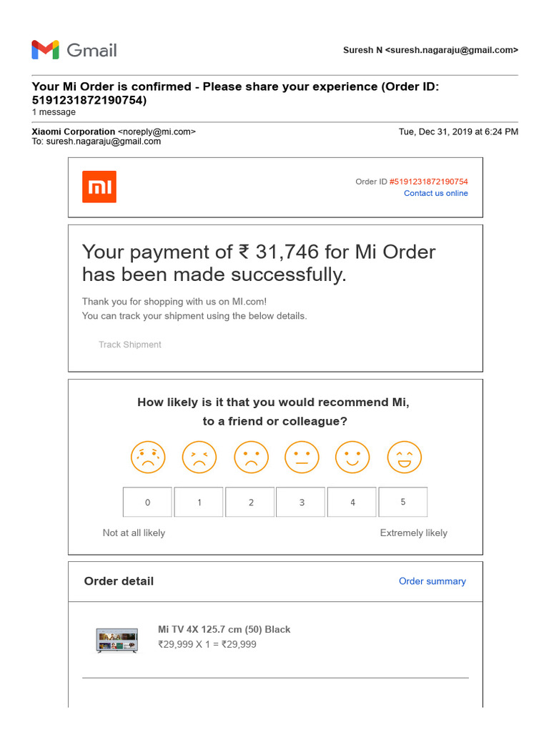 Gmail - Your Mi Order is Confirmed - Please Share Your Experience ...