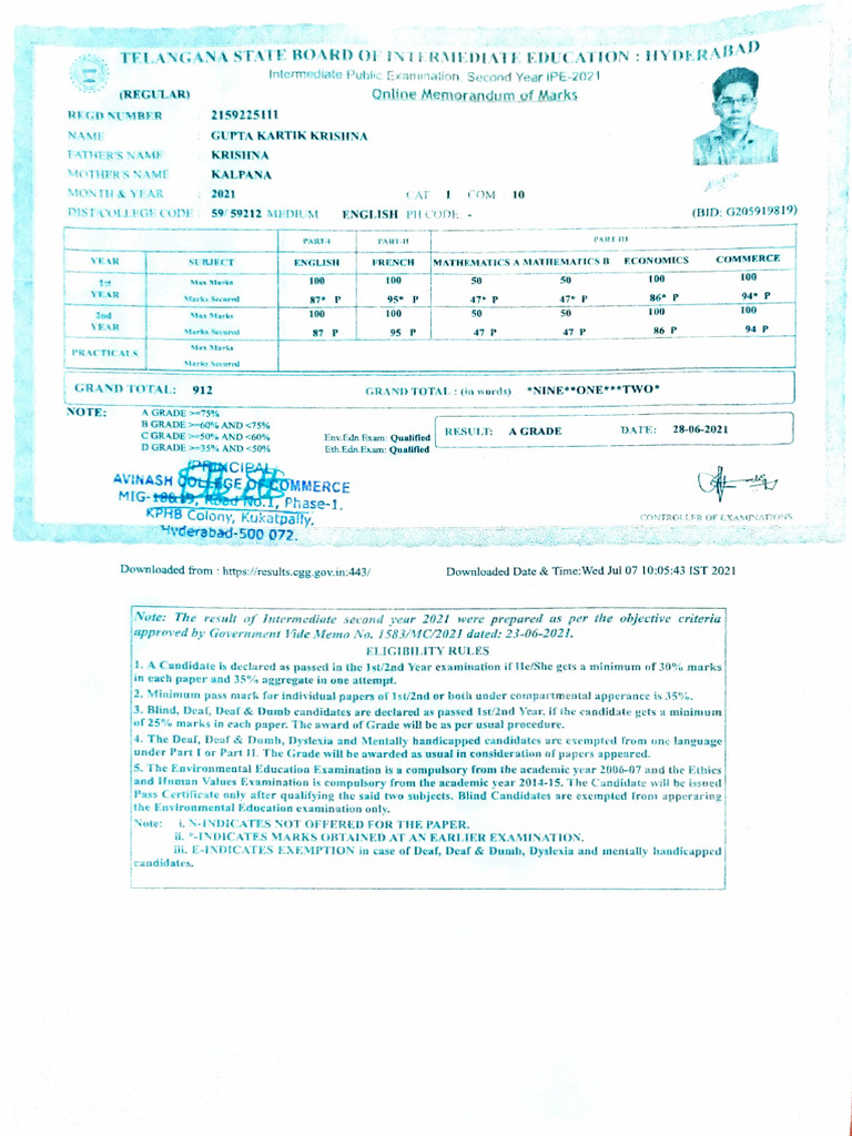Telangana Intermediate Exam Marks 2021 | PDF