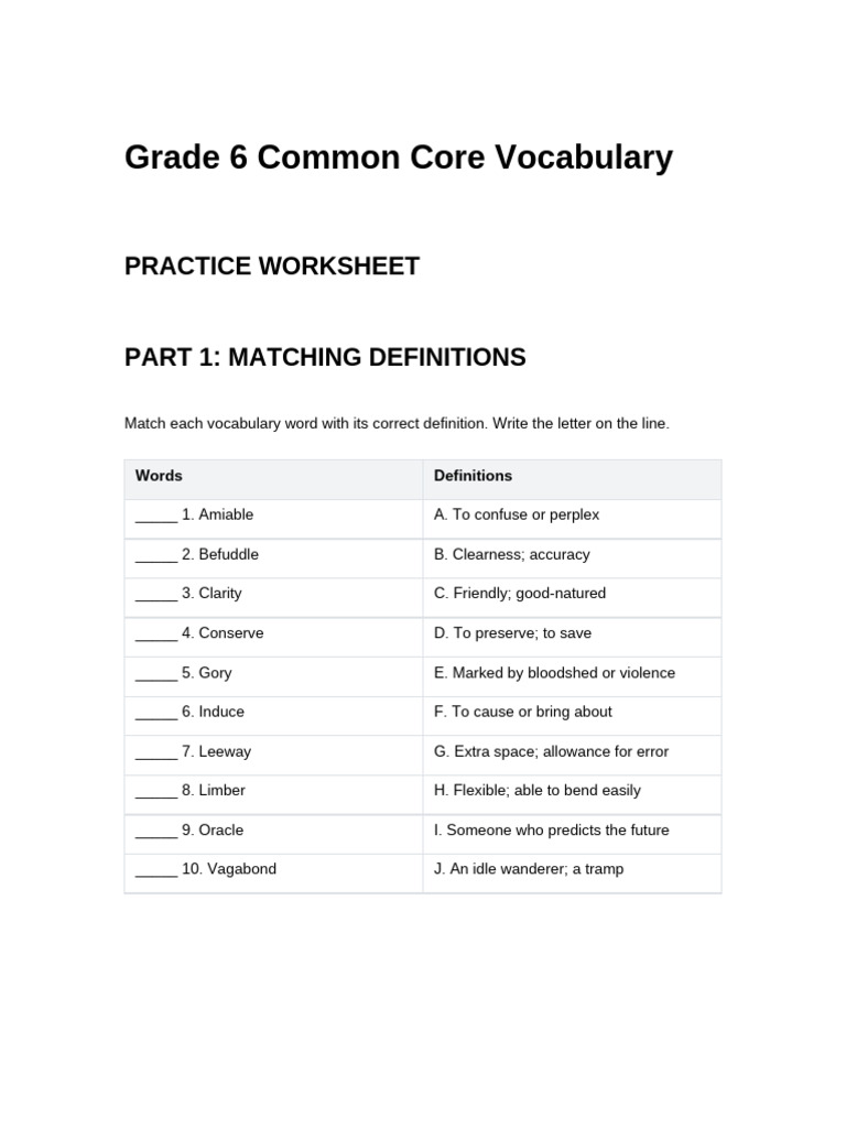 Grade 6 Vocabulary Practice Worksheet | PDF