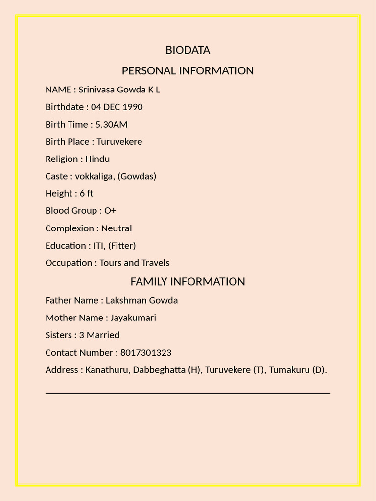 Srinivasa Gowda K L - Personal Biodata | PDF