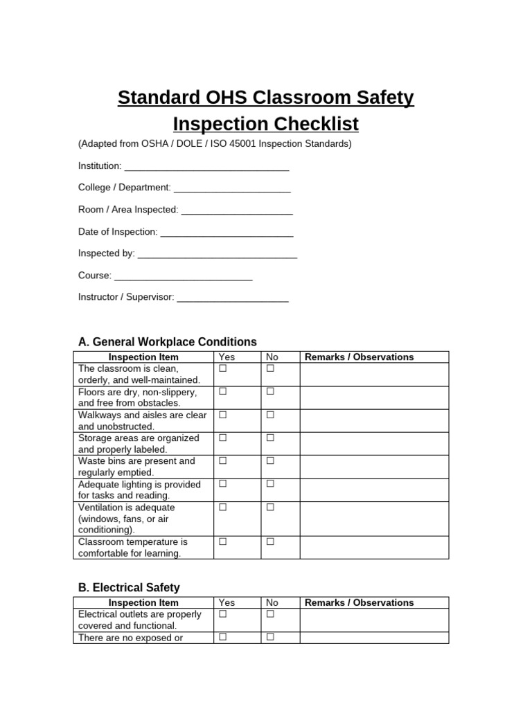OHS Classroom Safety Inspection Checklist | PDF | Working Conditions ...