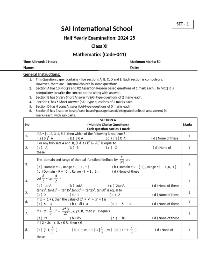 Class XI Mathematics Half-Yearly Exam 2024-25 | PDF | Multiple Choice