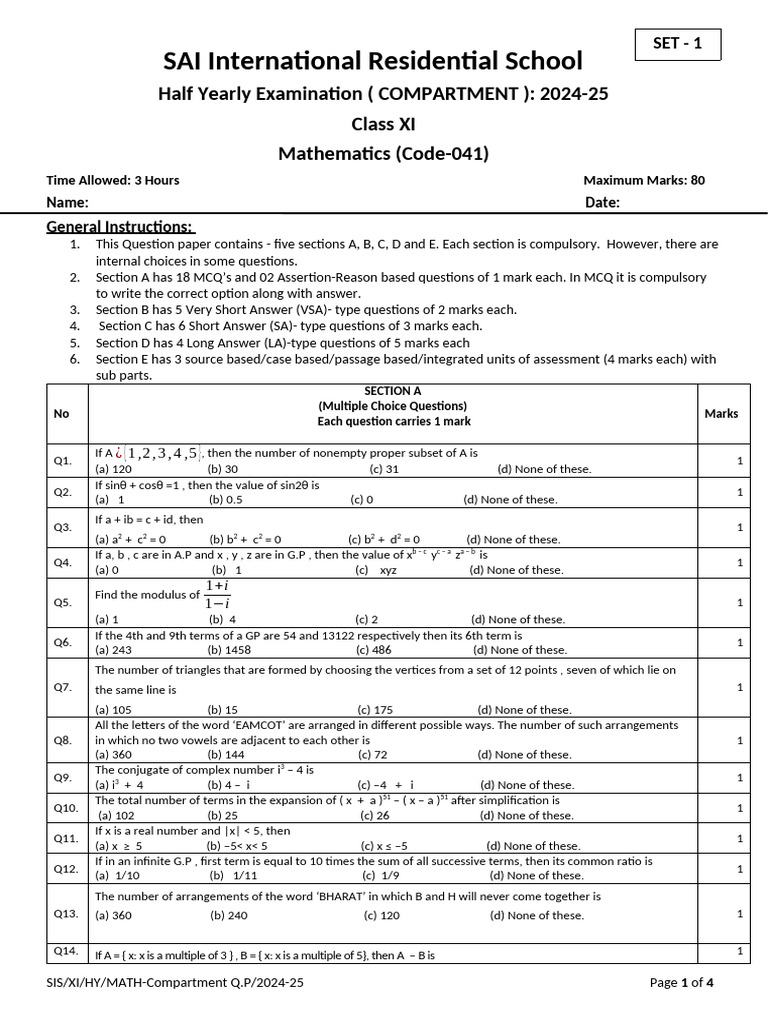 Class XI Mathematics Compartment Exam 2024-25 | PDF