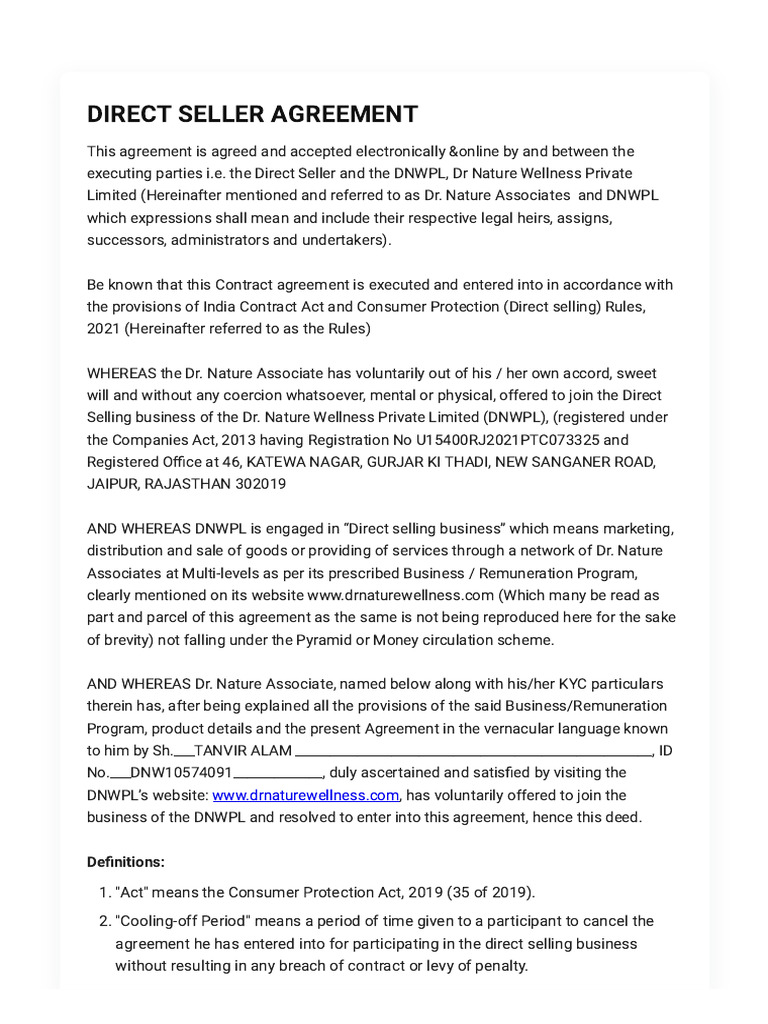 Direct Seller Agreement with DNWPL | PDF | Indemnity | Private Law