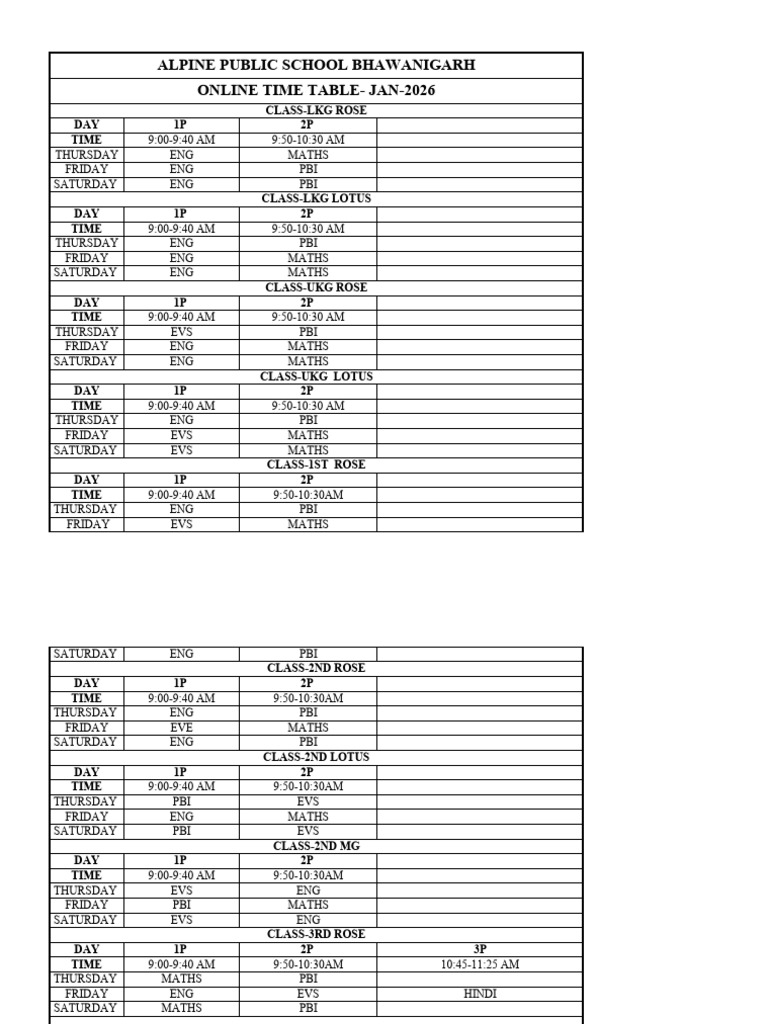 Online School Timetable January 2026 | PDF