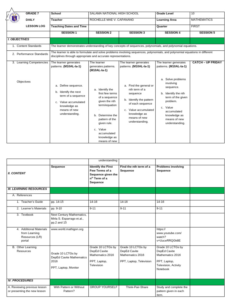 Grade 10 Mathematics Lesson on Sequences | PDF | Sequence | Learning