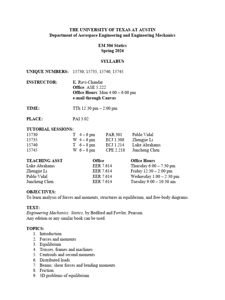 EM 306 Statics Syllabus Spring 2026 | PDF | Engineering | Force