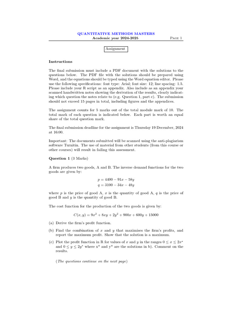 Quantitative Methods Assignment 2024-2025 | PDF