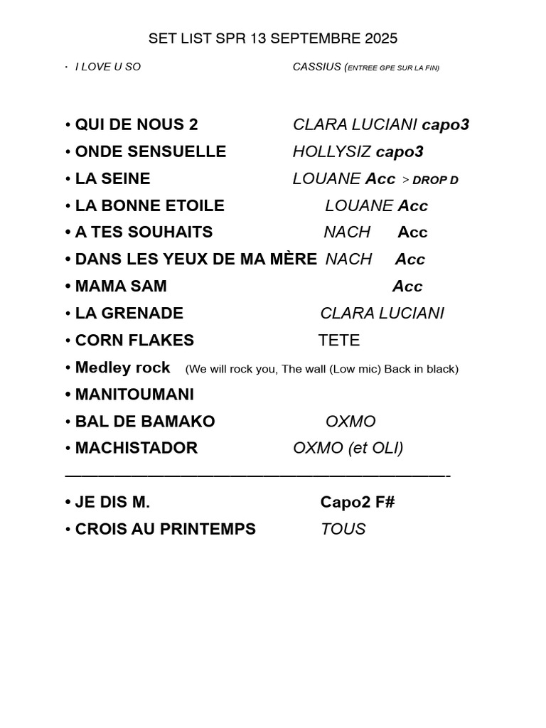 Setlist Concert 13 Septembre 2025 | PDF