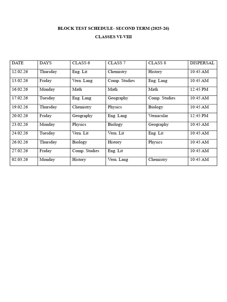 Block Test Schedule VI-VIII 2025-26 | PDF