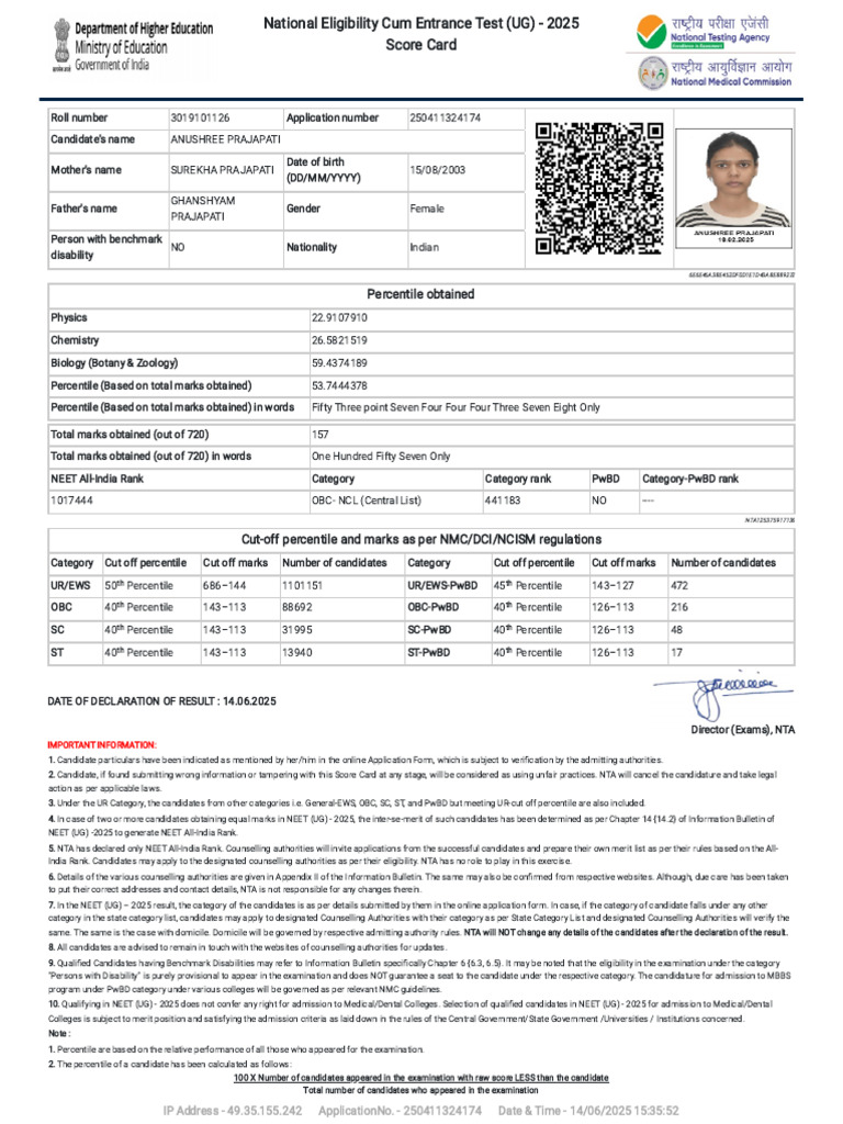 NEET UG 2025 Score Card Details | PDF | Higher Education | Student ...