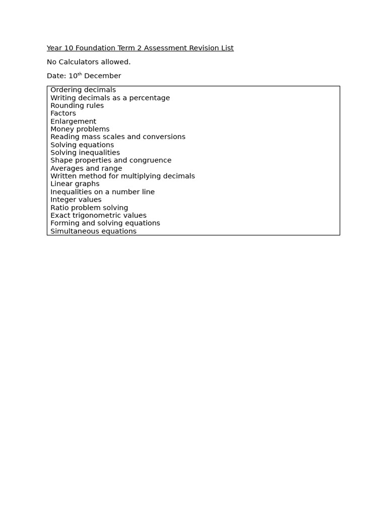 Year 10F Revision List Dec 2025 | PDF