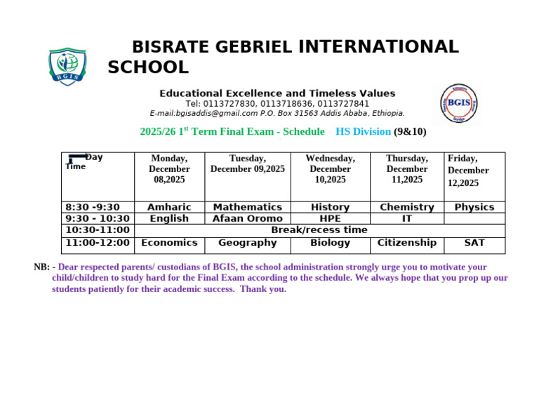 BGIS 2025/26 1st Term Exam Schedule | PDF
