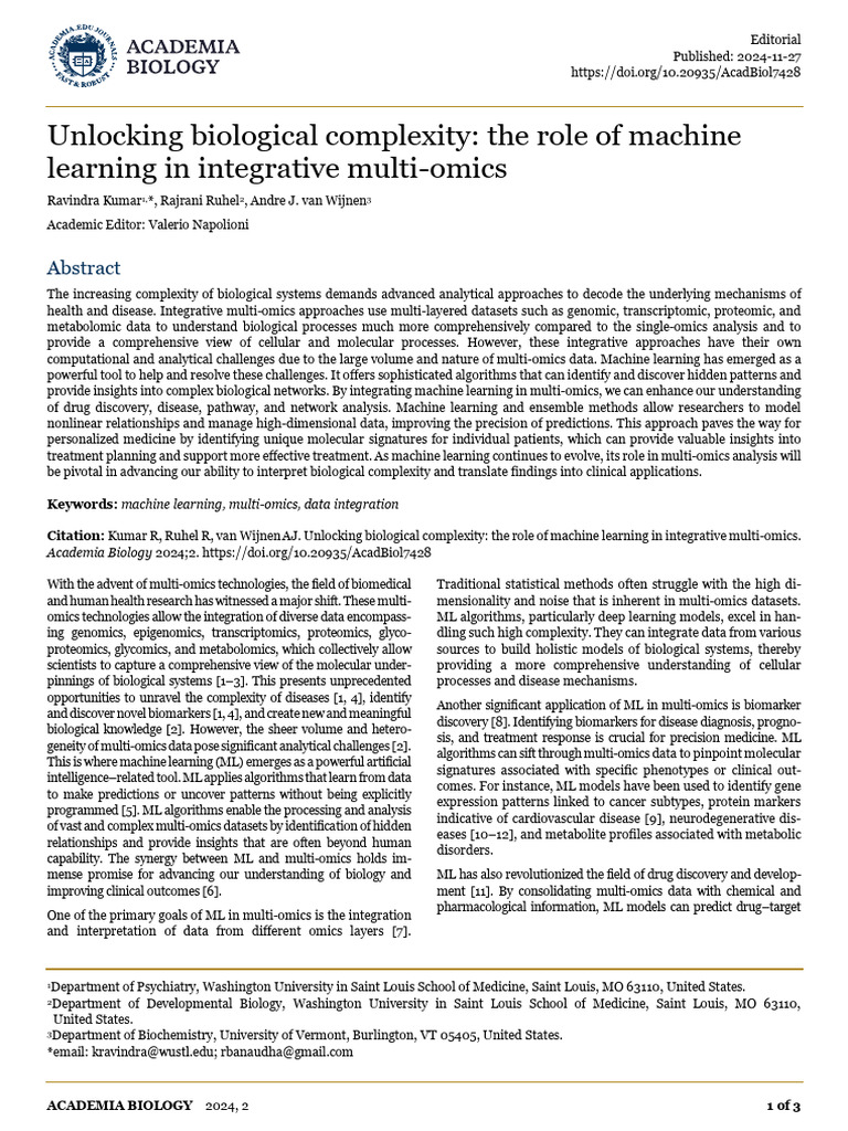 Machine Learning in Multi-Omics Analysis | PDF | Machine Learning | Biology