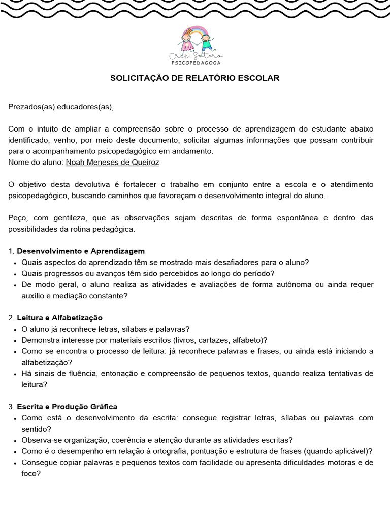 Solicitação de Relatório Escolar para Noah | PDF | Aprendizado | Pedagogia