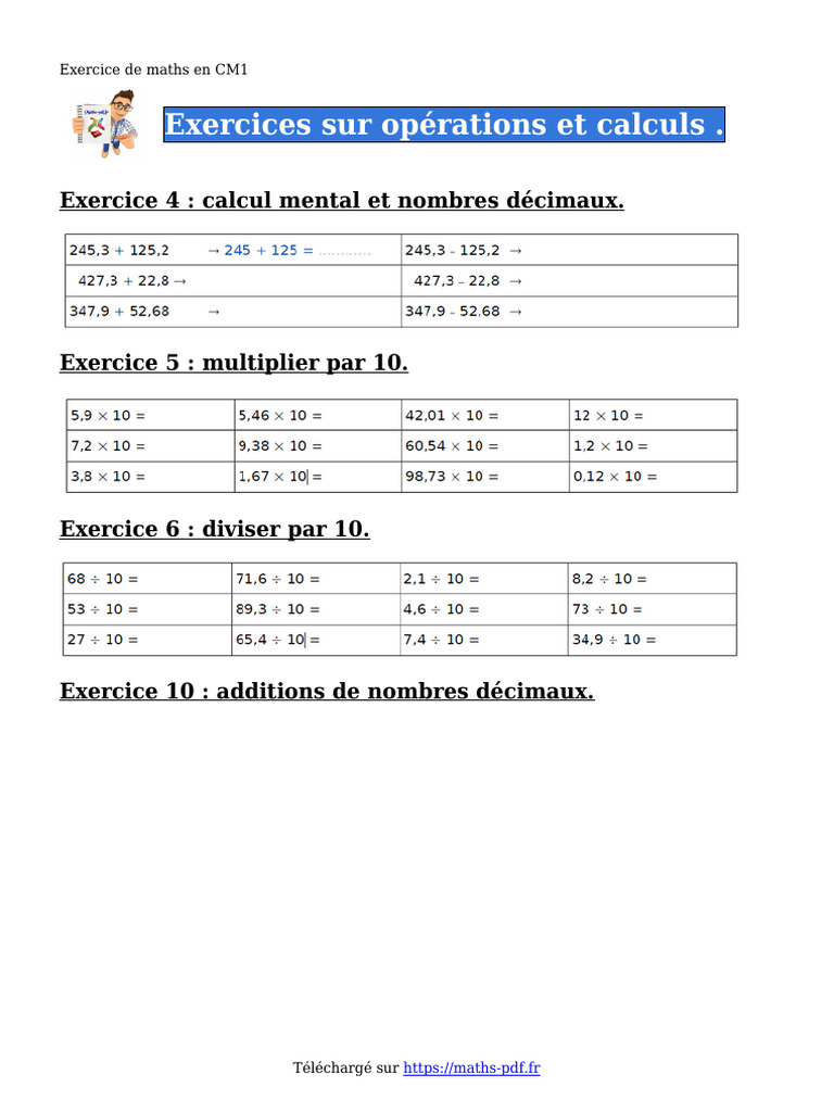 Exercices de maths pour CM1 : opérations et calculs | PDF