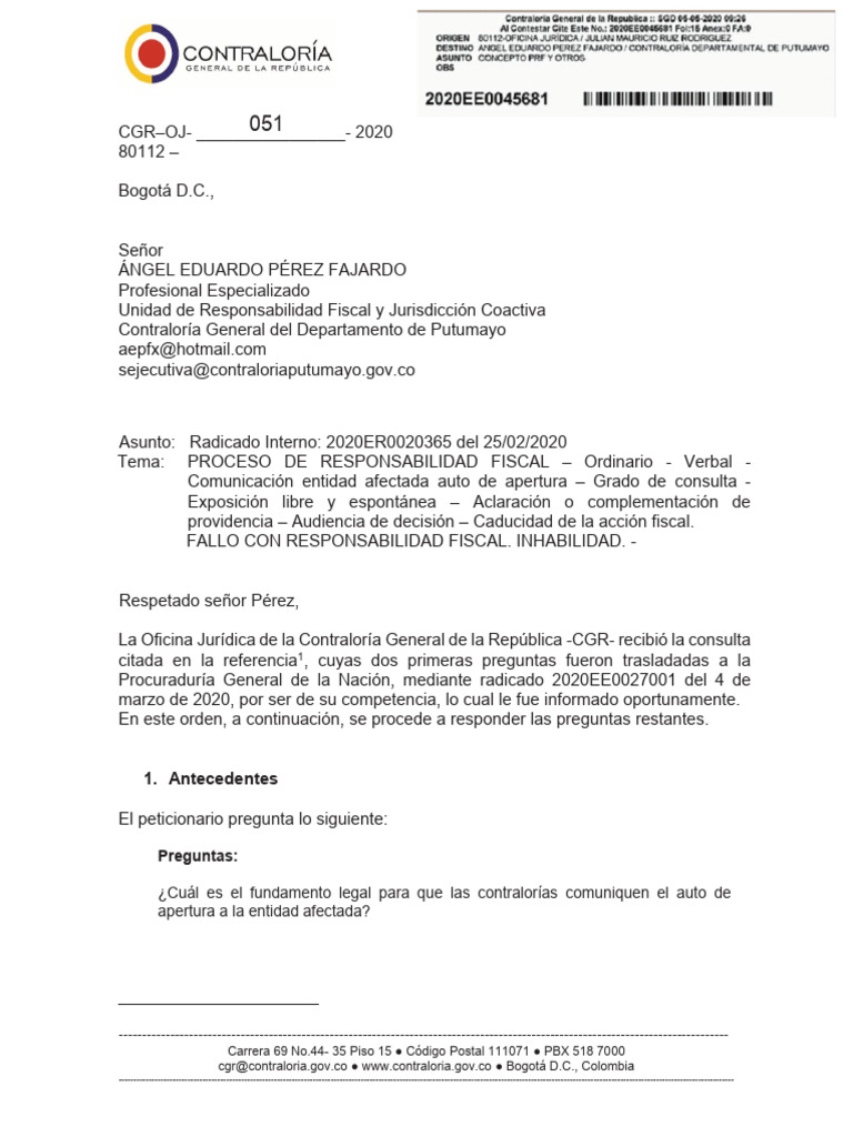CGR Concepto 0051 de 2020 | PDF | Fiscal | Ley procesal