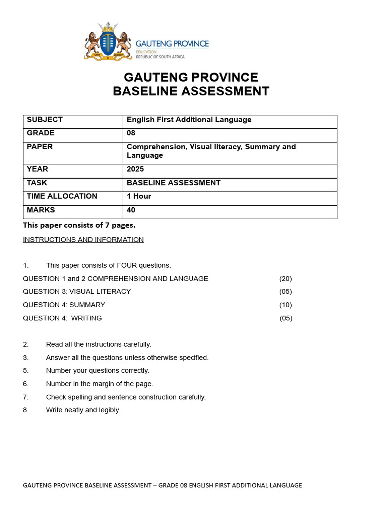 Gauteng Grade 8 English Assessment 2025 | PDF | Syntax | Linguistics