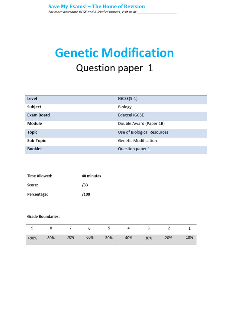 IGCSE Biology: Genetic Modification Exam Paper | PDF | Milk | Genetic ...