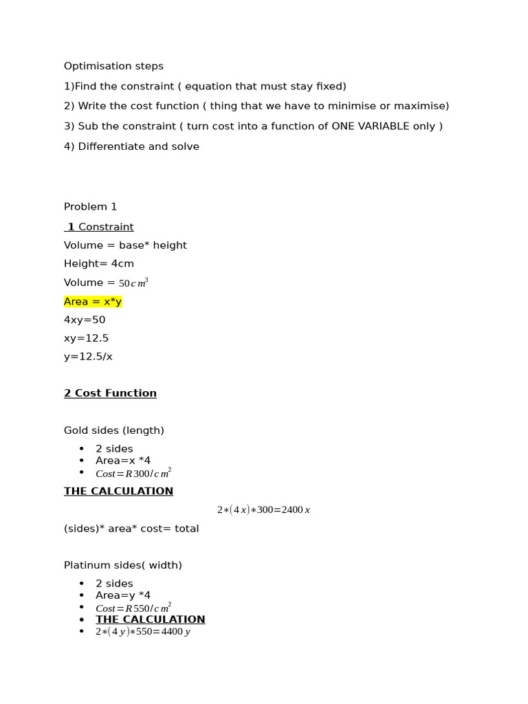 Cost Optimization for Volume Constraint | PDF