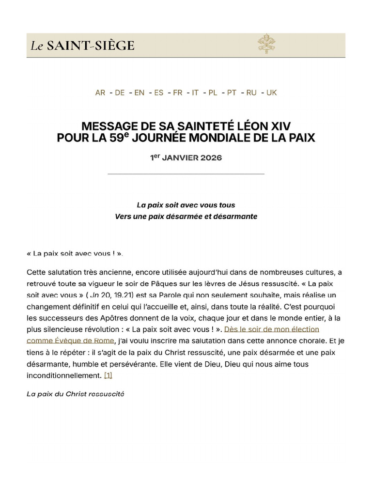 Message Du Pape Léon XIV Pour La 59ème Journée Mondiale de La Paix | PDF