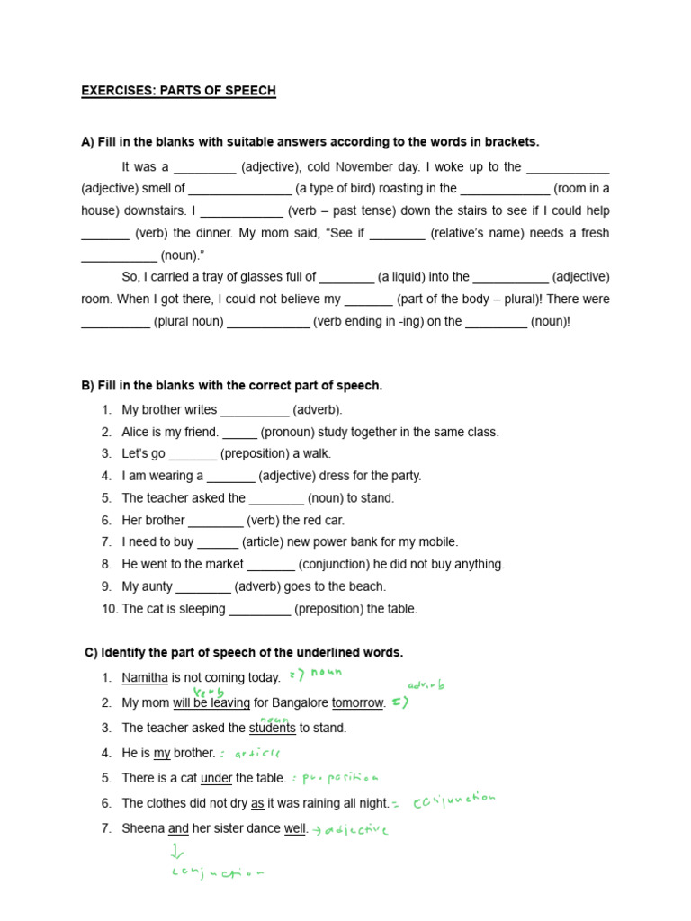 Parts of Speech Exercises | PDF | Verb | Part Of Speech