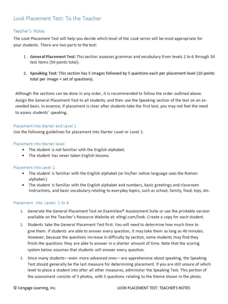 Look Placement Test Teacher's Guide | PDF | Cakes | Word