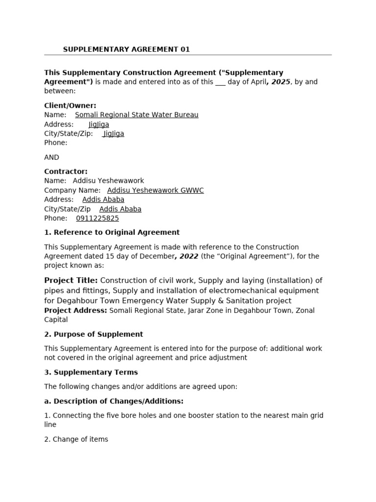 Supplementary Construction Agreement 2025 | PDF
