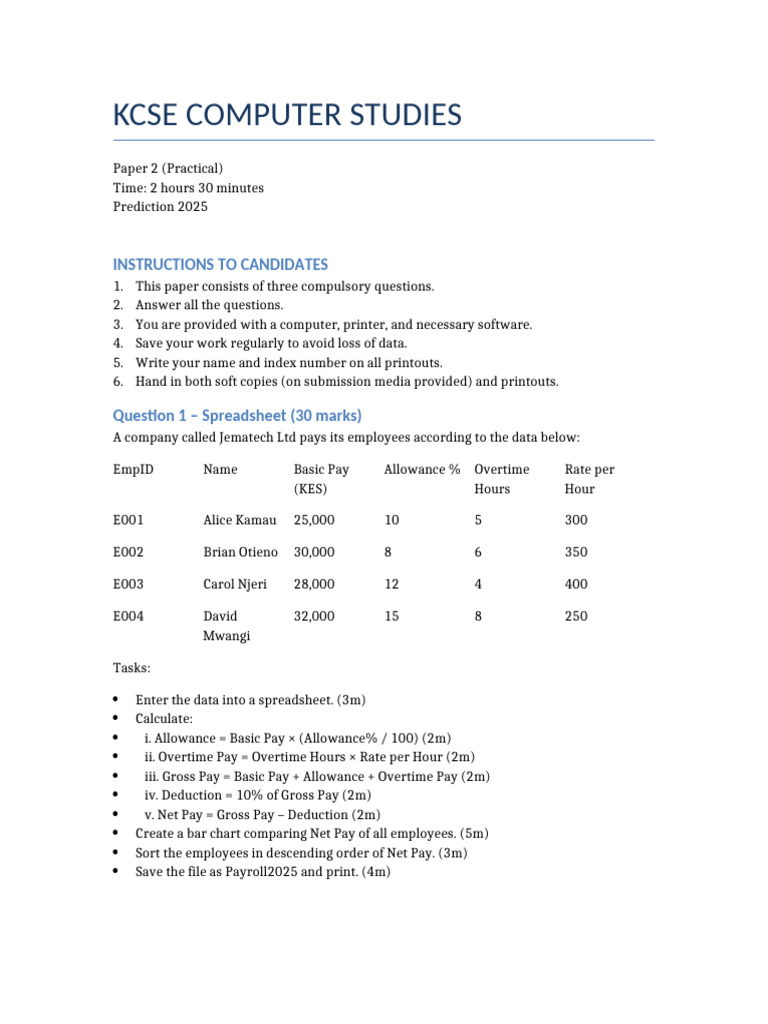 KCSE Computer Studies Practical 2025 | PDF | Spreadsheet | Computing