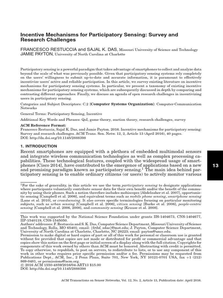 Incentive Mechanisms in Participatory Sensing | PDF | Motivation ...