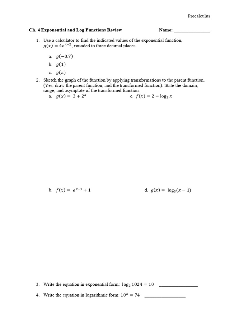 Exponential and Log Functions Review | PDF | Logarithm | Exponential ...
